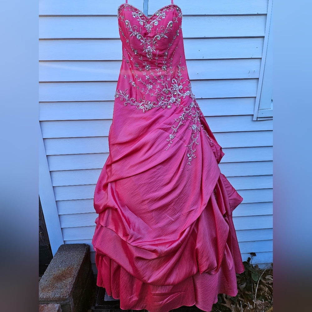 Glamorous Strapless Pink Gown with Embellishments